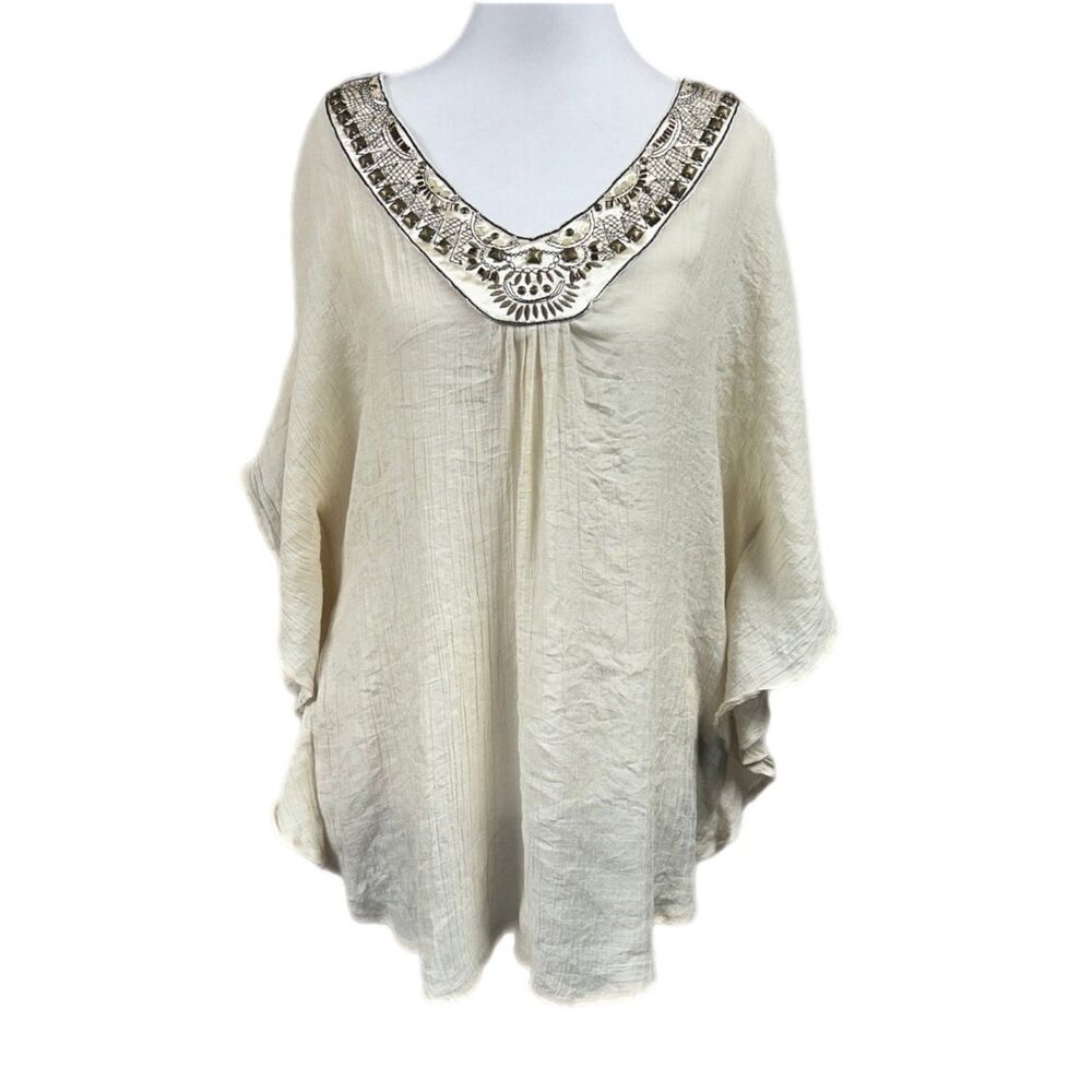 AGB Beaded Ethereal Sheer Flowy V Neck Blouse Sz XL Cream